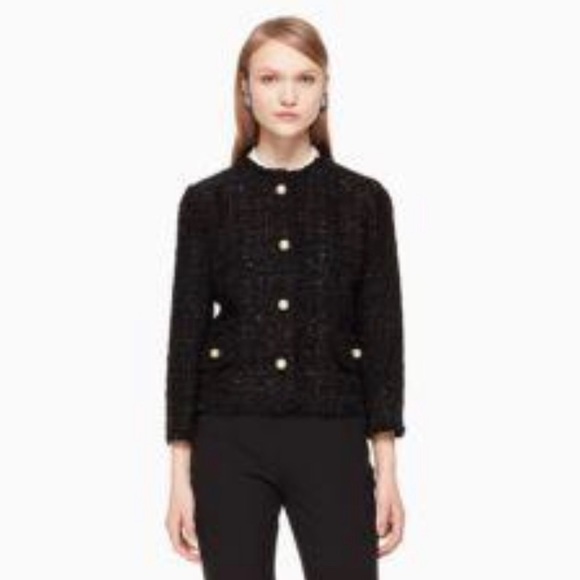 Kate Spade Pearl Button Sparkle in Black Tweed Jacket Blazer Women Size 2
